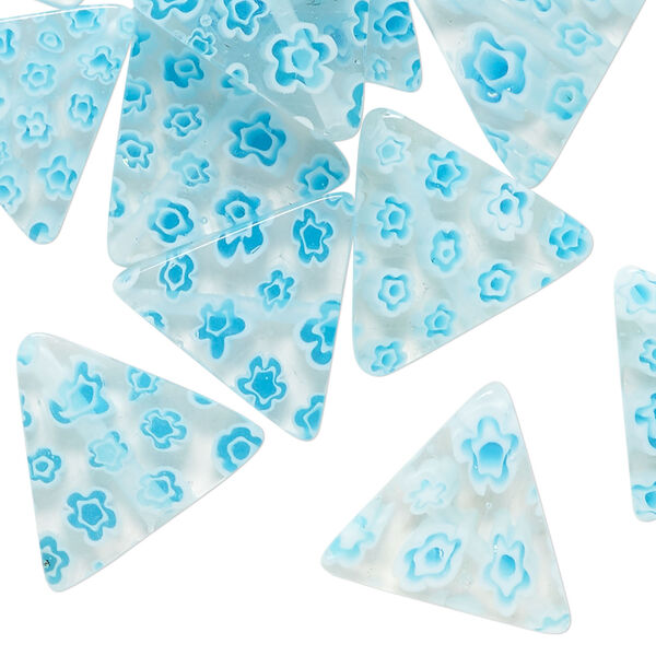 Bead, millefiori glass 1pkg2oz, translucent and tranparent clear / white / blue, 17x15mm-18x16mm flat triangle. image number 0