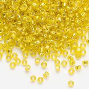 Seed bead, Miyuki, glass, pkg/50g, #8 rocaille, transparent silver-lined yellow (RR-6).