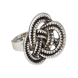 Ring, antique silver-plated "pewter" (zinc-based alloy), 30x29x29mm triangle knot, adjustable. Sold individually.