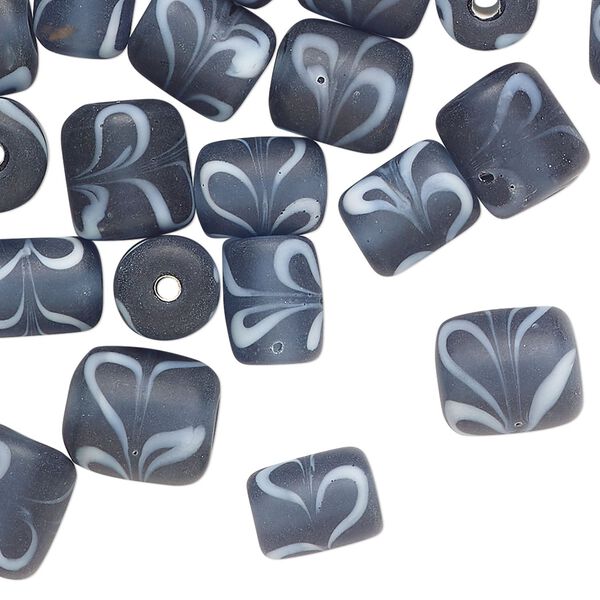 Bead, glass, translucent navy blue and white, 9x7mm round tube with swirl design. Sold per pkg of 40 beads. image number 0