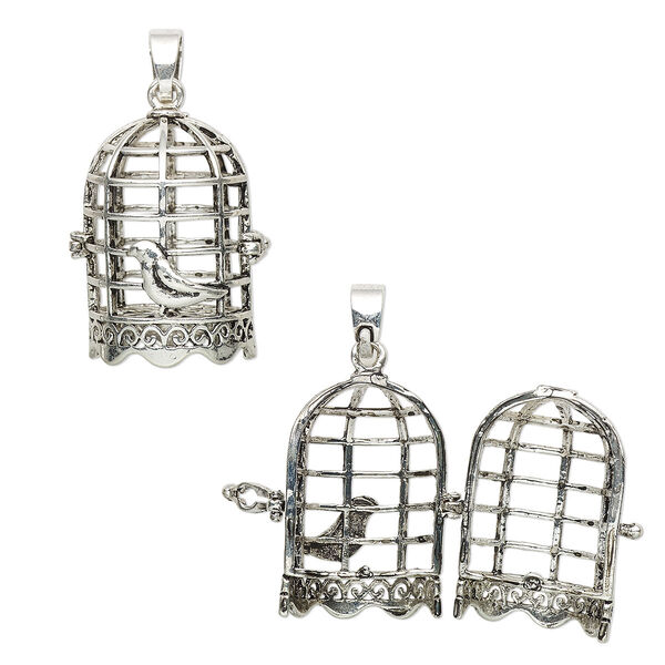 Focal, antique silver-finished brass, 30.5x21mm bead cage with bird cage design and safety latch, fits up to 18mm bead. Sold individually. image number 0