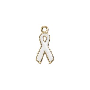 Charm, epoxy and gold-plated aluminum, white, 15x9mm single-sided awareness ribbon. Sold per pkg of 6.