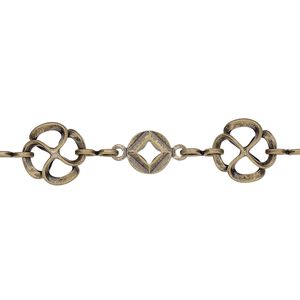Chain 1pkg1 gold-plated round & flower, 6mm / 8.5mm, antique brass 5 foot unfinished