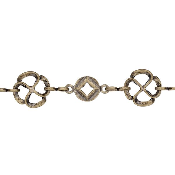 Chain, antique gold-plated brass, 8.5mm filigree flower with 6mm flat round. Sold per pkg of 5 feet. image number 0