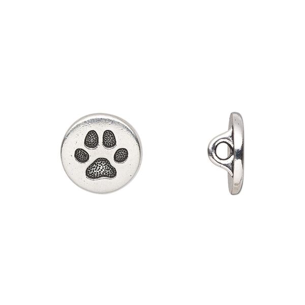 Button, TierraCast®, "Spot and Whiskers" collection, antique silver-plated pewter (tin-based alloy), 12mm flat round with dog paw and loop. Sold per pkg of 2. image number 0