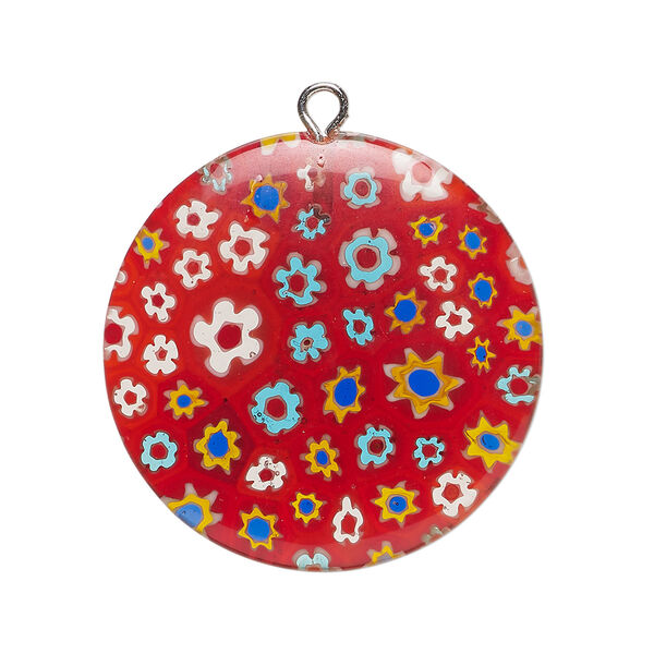 Focal 1pkg1 millefiori glass and silver-finished steel, translucent red and multicolored, 29-30mm puffed flat round. image number 0