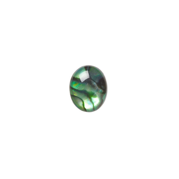 Cabochon, paua shell (coated / dyed), green, 10x8mm calibrated oval, Mohs hardness 3-1/2. Sold per pkg of 6. image number 0