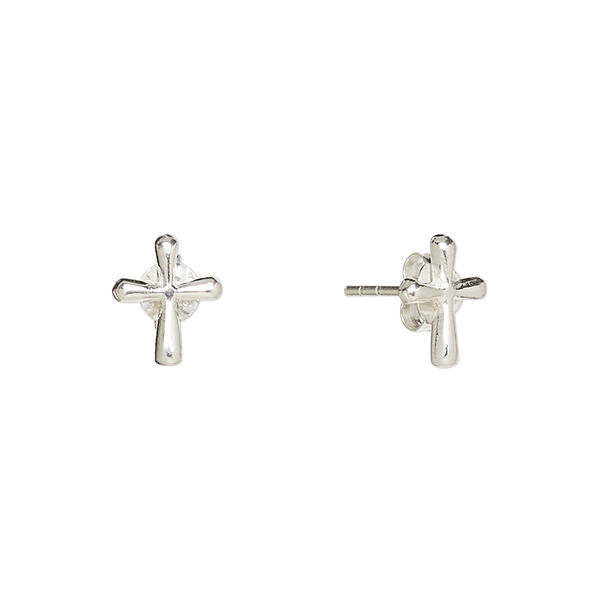 Earstud, Create Compliments®, antiqued sterling silver, 9.5x8mm cross. Sold per pair. image number 0