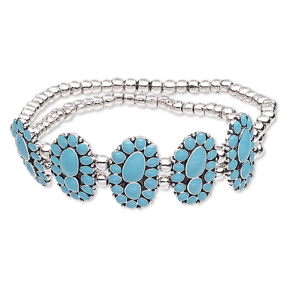 Bracelet, stretch, enamel / antique silver-coated plastic / antique silver-plated "pewter" (zinc-based alloy), turquoise blue, 20x13mm oval, 7 inches. Sold individually. image number 0