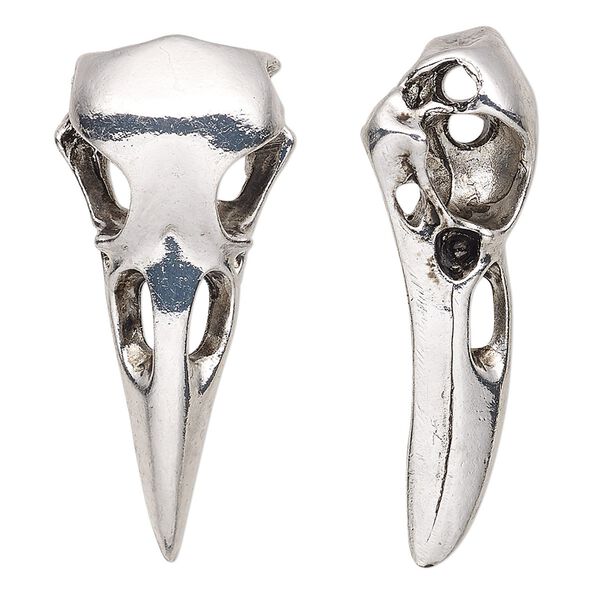 Focal, antique silver-finished "pewter" (zinc-based alloy), 41x18mm double-sided 3D raven skull. Sold per pkg of 2. image number 0