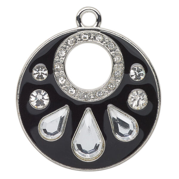 Focal, enamel / acrylic / glass rhinestone / silver-finished "pewter" (zinc-based alloy), clear and black, 39mm round go-go. Sold individually. image number 0