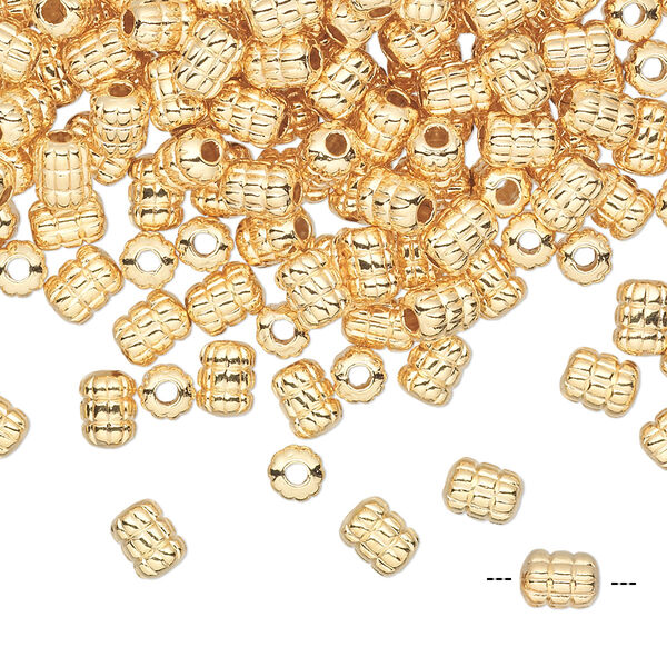 Bead, gold-plated brass, 5x4mm ribbed tube. Sold per pkg of 50. image number 0