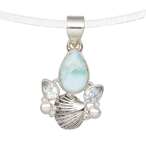 Pendant, larimar (natural) / sky blue topaz (irradiated) / cultured freshwater pearl (bleached) / antiqued sterling silver, 25x19mm with shell and teardrop. Sold individually. image number 0