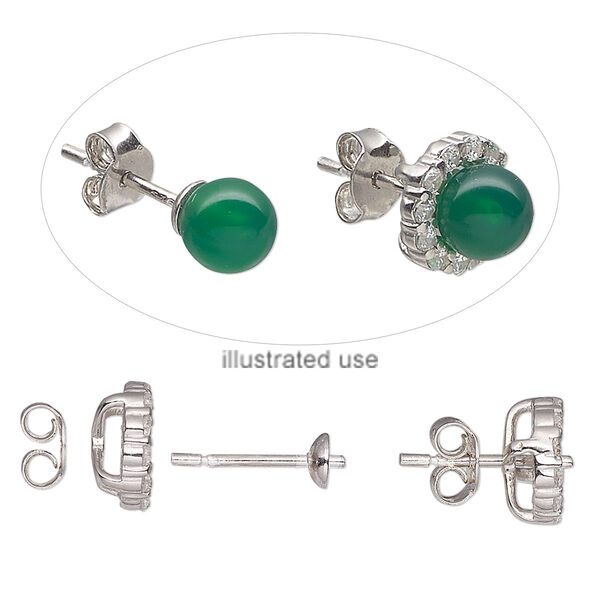 Earstud, cubic zirconia and rhodium-plated sterling silver, clear, 9.5x9mm with 4mm cup and 2mm peg, fits up to 4-6mm half-drilled bead. Sold per pair. image number 0