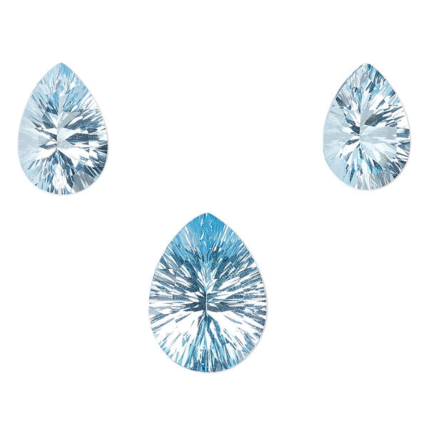Gem, sky blue topaz (irradiated), (2) 13x9mm and (1) 16x12mm hand-cut undrilled faceted teardrop, A- grade, Mohs hardness 8. Sold per 3-piece set. image number 0