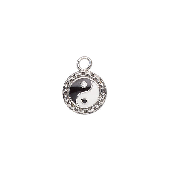Charm, antique sterling silver / cubic zirconia / enamel, black / clear / white, 10mm single-sided domed round with yin-yang design and chain link edge. Sold individually. image number 0