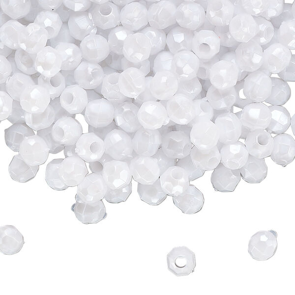 Bead, acrylic, opaque white pearl, 4mm faceted round. Sold per 50-gram pkg image number 0
