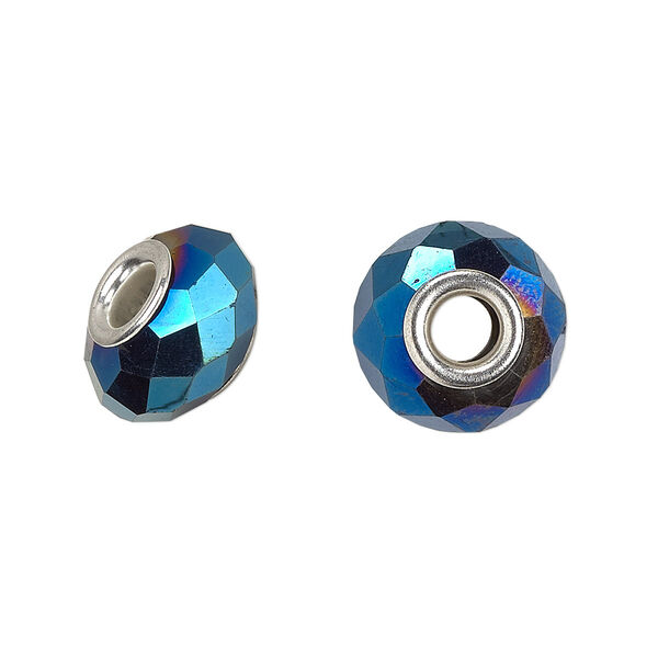 Bead, Dione®, glass and silver-plated brass grommets, 32-facet, opaque metallic dark blue, 14x9mm faceted rondelle. Sold per pkg of 6. image number 0