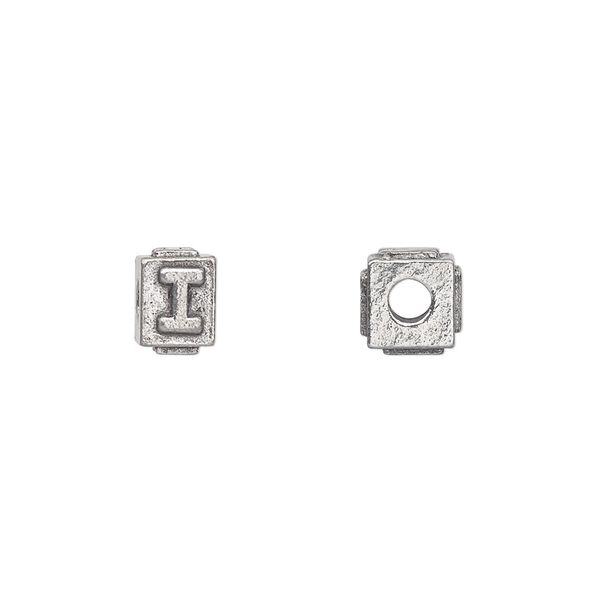 Bead, antiqued pewter (tin-based alloy), 8x6mm rectangle with alphabet letter "I". Sold per pkg of 4. image number 0