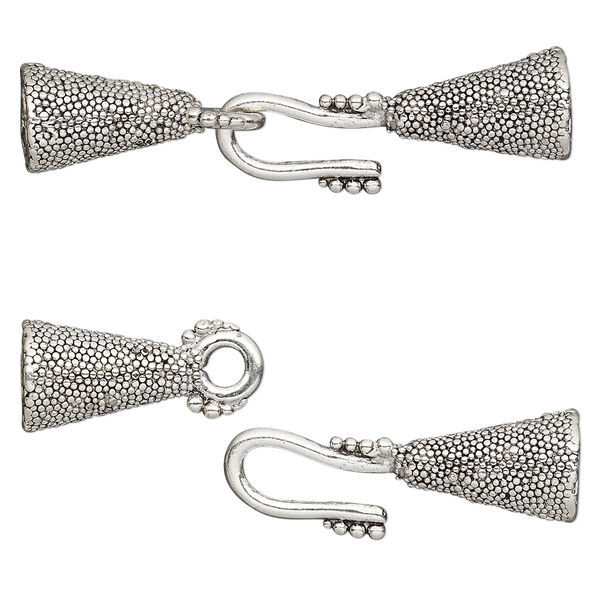 Clasp, hook-and-eye, antique silver-plated pewter (tin-based alloy), 44x9mm with beaded cone and glue-in ends, 6mm inside diameter. Sold individually. image number 0