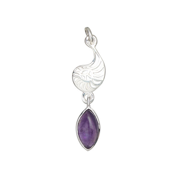Amethyst / sterling silver 1pkg1, nautilus drop natural antiqued 26x8mm image number 1