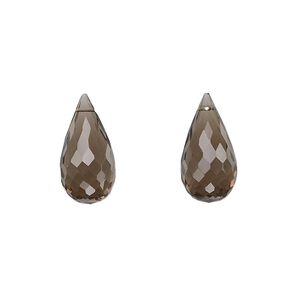Smoky quartz 1pkg2, hand-cut top-drilled faceted briolette bead 16x8mm