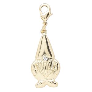 Charm, gold-finished "pewter" (zinc-based alloy) and glass rhinestone, clear, 29x16mm gnome with lobster claw clasp. Sold individually.