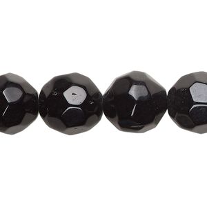 Bead, glass, opaque black, 13-14mm faceted round. Sold per 13-inch strand, approximately 25 beads.