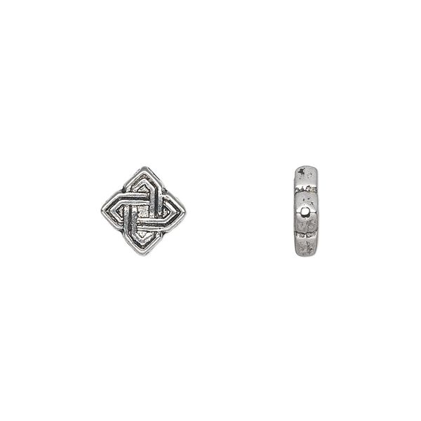 Bead, antique silver-plated "pewter" (zinc-based alloy), 9x9mm double-sided flat diamond with Solomon's knot. Sold per pkg of 50. image number 0
