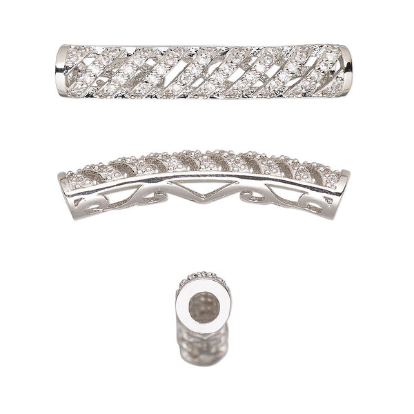 Bead, cubic zirconia and silver-finished brass, clear, 31x6mm curved tube with fancy cutout design. Sold individually. image number 0