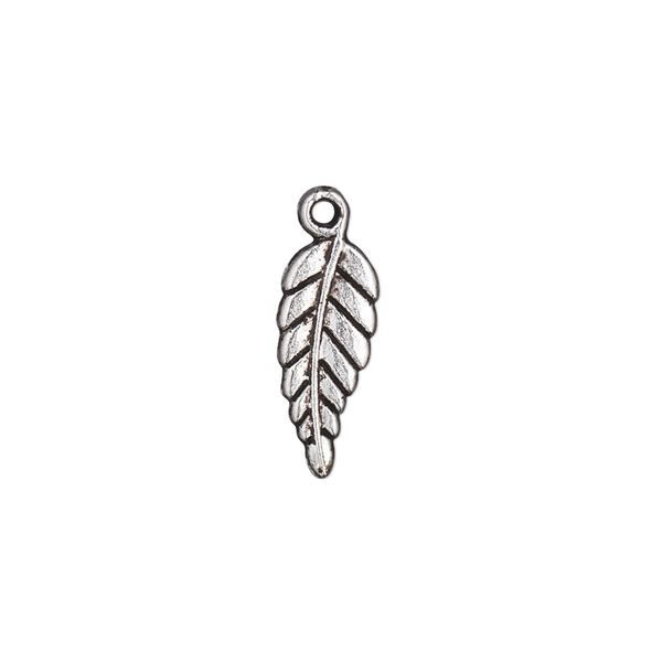 Charm, antique silver-plated "pewter" (zinc-based alloy), 16x6mm double-sided leaf. Sold per pkg of 50. image number 0