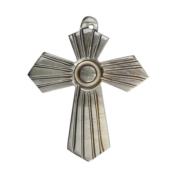 Focal, black lip shell (natural), 36x29mm hand-cut single-sided carved cross, Mohs hardness 3-1/2. Sold individually. image number 0