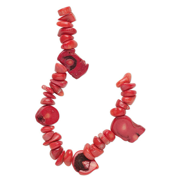 Bead, bamboo coral (dyed), light to dark red, 16x13mm-31x20mm slab and small to extra-large chip, Mohs hardness 3-1/2 to 4. Sold per 8-inch strand. image number 0