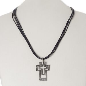 Necklace, waxed cotton cord / antique silver-finished "pewter" (zinc-based alloy) / brass / steel, black, 41x30mm open cross, 18 inches with 3-inch extender chain and lobster claw clasp. Sold individually.