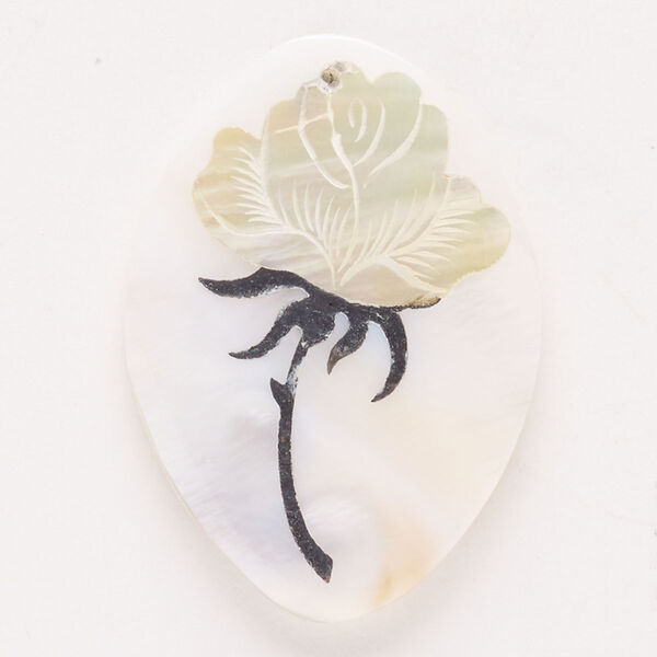 Focal, mother-of-pearl shell / golden lip shell (natural) / enamel, black, 41x29mm-42x30mm top-drilled single-sided flat marquise with rose, Mohs hardness 3-1/2. Sold individually. image number 0