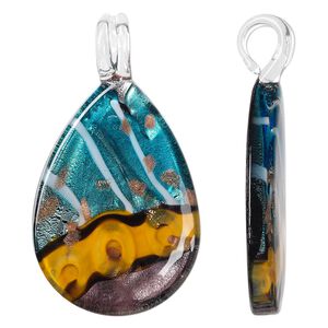 Pendant, lampworked glass, blue / orange / purple / white with copper-colored foil, 62x35mm single-sided flat teardrop. Sold individually.