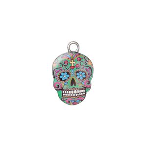 Charm, resin and antique silver-plated "pewter" (zinc-based alloy), green and multicolored, 17.5x14mm single-sided Dia de los Muertos skull with flower and heart design. Sold individually.