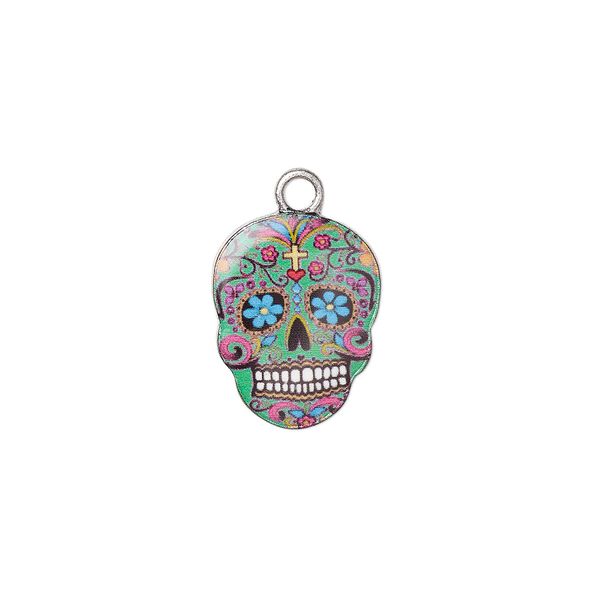 Charm, resin and antique silver-plated "pewter" (zinc-based alloy), green and multicolored, 17.5x14mm single-sided Dia de los Muertos skull with flower and heart design. Sold individually. image number 0