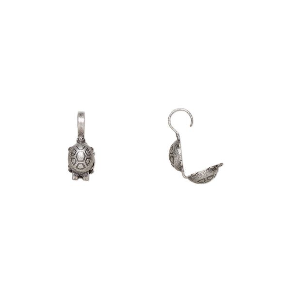 Bead tip, Hot Tips®, antique silver-plated brass, 9x5mm bottom clamp-on turtle with open loop. Sold per pkg of 100. image number 0