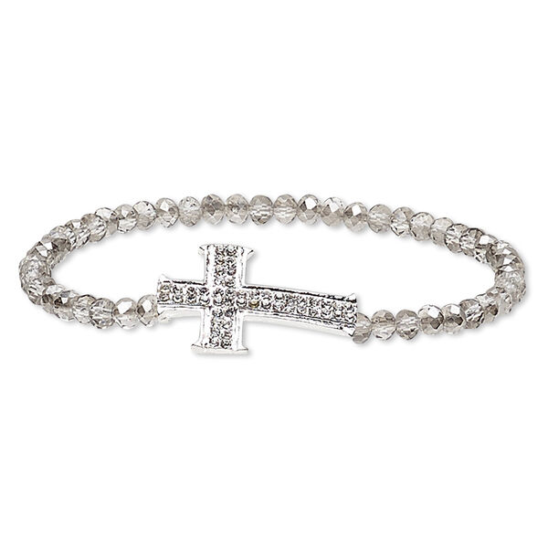 Bracelet, stretch, glass / glass rhinestone / silver plate "pewter" (zinc-based alloy), grey and clear, 4x3mm faceted rondelle and 27x17mm cross, 6-1/2 inches. Sold individually. image number 0