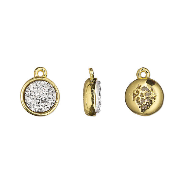 Drop, Druzylite™, "druzy" (resin) and gold-finished brass, silver, 9.5mm two-sided round with open filigree back. Sold per pkg of 4. image number 0