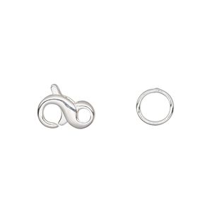 Clasp lobster claw 1pkg4 silver-plated, 12x7mm infinity / 8mm closed jump ring, brass 1-strand