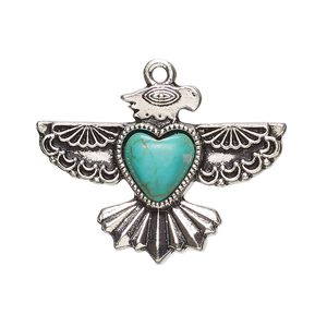Focal, antique silver-finished "pewter" (zinc-based alloy) and "turquoise" (resin) (imitation), turquoise blue, 34x24mm single-sided eagle. Sold per pkg of 2.
