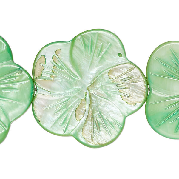 Bead, mother-of-pearl shell (dyed), shamrock, 28x27mm-30x29mm carved flat flower, 0.6-0.8mm hole, Mohs hardness 3-1/2. Sold per 15-1/2" to 16" strand. image number 0