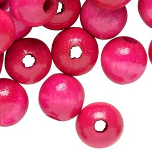 Bead, wood (dyed/waxed), hot pink, 14mm round. Sold per 4-ounce pkg, approximately 151 beads.