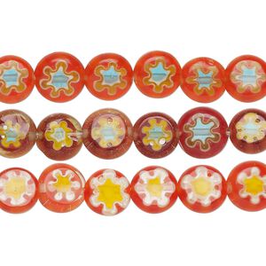 Bead mix, millefiori glass, translucent red-orange / yellow / light blue, 8-9mm puffed flat round with flower design. Sold per pkg of (3) 14-inch strands, Contains approximately 150 beads.