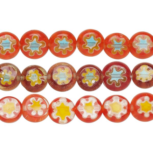Bead mix, millefiori glass, translucent red-orange / yellow / light blue, 8-9mm puffed flat round with flower design. Sold per pkg of (3) 14-inch strands, Contains approximately 150 beads. image number 0