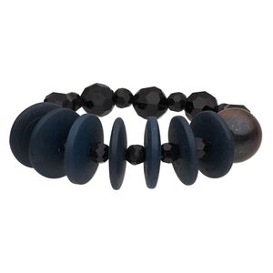Bracelet, stretch, wood (dyed) / acrylic / antique copper-coated plastic, black and dark blue, 19.5mm wide with flat round, 5-1/2 inches. Sold individually.