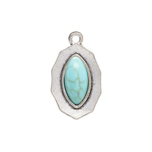Drop, antique silver-finished "pewter" (zinc-based alloy) and "turquoise" (resin) (imitation), turquoise blue, 23x15mm single-sided marquise. Sold per pkg of 4.