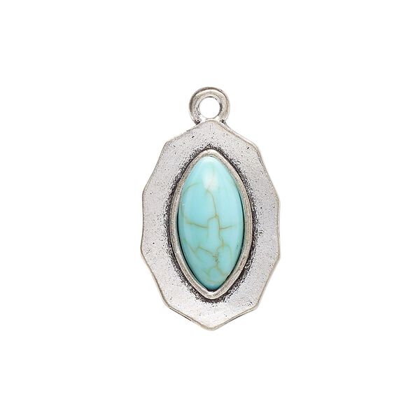 Drop, antique silver-finished "pewter" (zinc-based alloy) and "turquoise" (resin) (imitation), turquoise blue, 23x15mm single-sided marquise. Sold per pkg of 4. image number 0